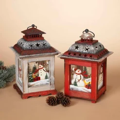 Gerson International Tabletop Items*Set Of 2 Rustic Farmhouse Christmas Holiday Snowmen Lanterns