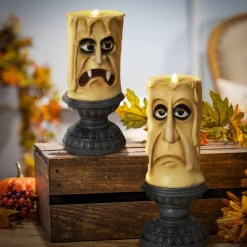 Gerson International Ligthed Items*Set Of 2 Spooky Decor Gothic Halloween Resin Candles With Faces