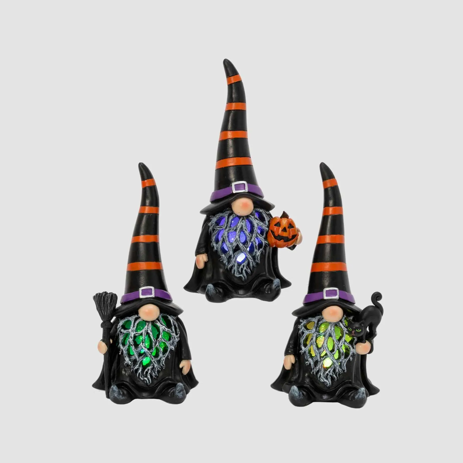 Gerson International Tabletop Pieces*Set Of 3 Spooky Lighted Halloween Gnome Witch Figurine , Timer
