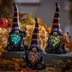 Gerson International Tabletop Pieces*Set Of 3 Spooky Lighted Halloween Gnome Witch Figurine , Timer