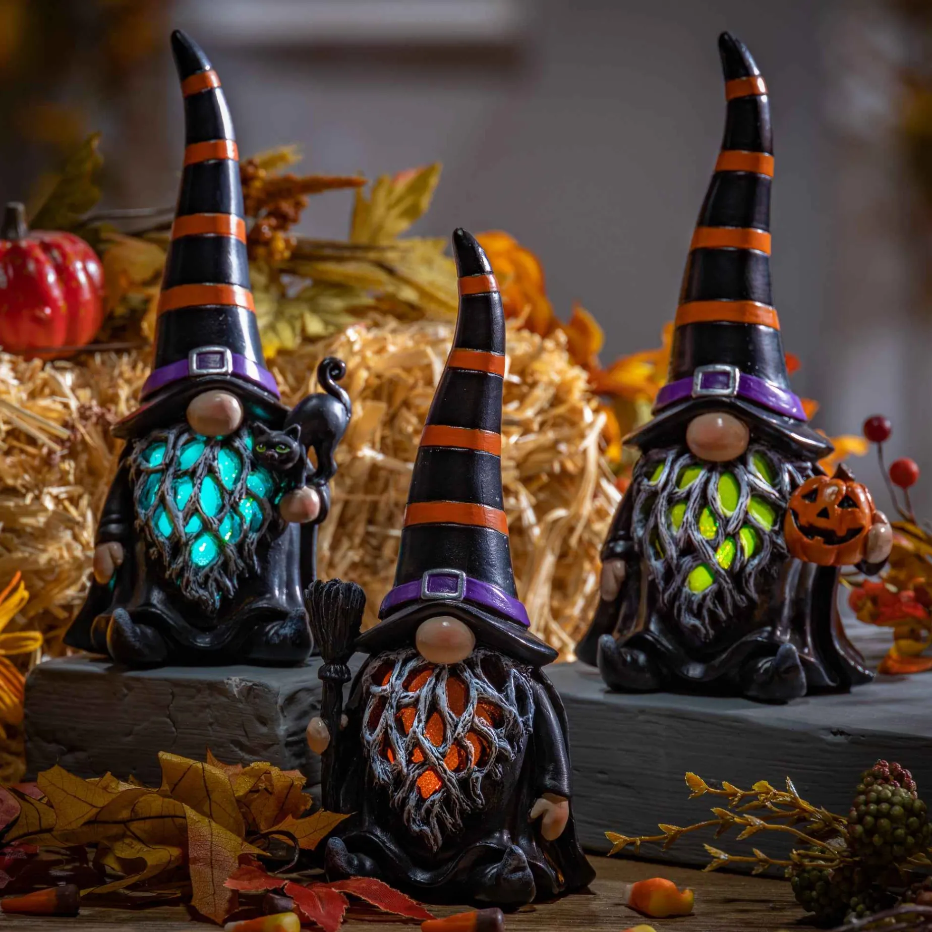 Gerson International Tabletop Pieces*Set Of 3 Spooky Lighted Halloween Gnome Witch Figurine , Timer