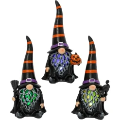 Gerson International Tabletop Pieces*Set Of 3 Spooky Lighted Halloween Gnome Witch Figurine , Timer