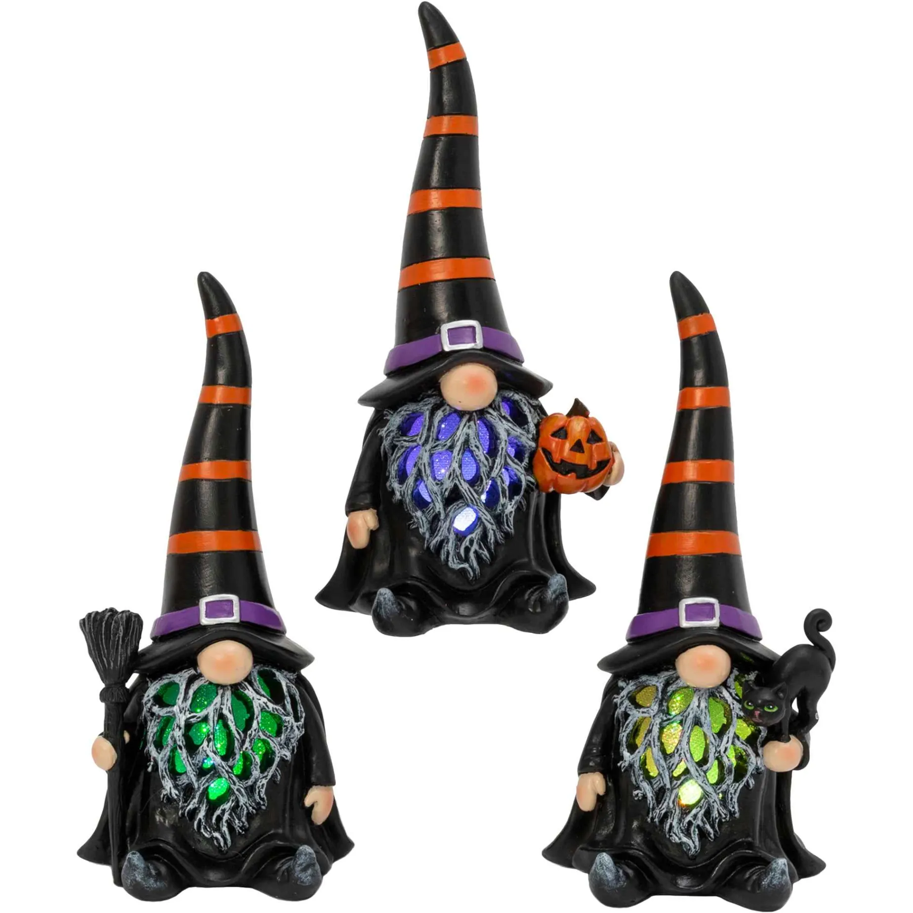 Gerson International Tabletop Pieces*Set Of 3 Spooky Lighted Halloween Gnome Witch Figurine , Timer