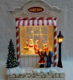 Arys Imports Waterglobes & Lanterns*Snowy Candy Cane Shop With Led Warm White Light Up Santa Chef Scene Spinning Glitter Waterglobe