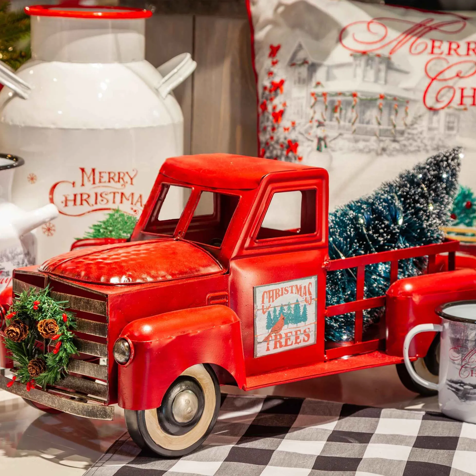 Gerson International Tabletop Items*Vintage Red Metal Truck With Lighted Christmas Tree, Decor