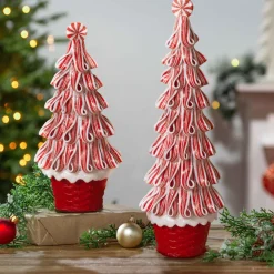 Gerson International Tabletop Items*Whimsical Traditional Peppermint Ribbon Christmas Candy Trees