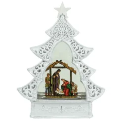 Arys Imports Waterglobes & Lanterns*White Scroll Design Christmas Tree With Led Warm White Light Up Nativity Holy Family Scene Spinning Glitter Waterglobe