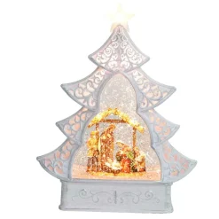 Arys Imports Waterglobes & Lanterns*White Scroll Design Christmas Tree With Led Warm White Light Up Nativity Holy Family Scene Spinning Glitter Waterglobe
