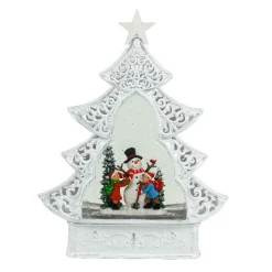 Arys Imports Waterglobes & Lanterns*White Scroll Design Christmas Tree With Led Warm White Light Up Snowman And Kids Scene Spinning Glitter Waterglobe