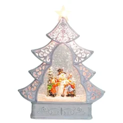 Arys Imports Waterglobes & Lanterns*White Scroll Design Christmas Tree With Led Warm White Light Up Snowman And Kids Scene Spinning Glitter Waterglobe