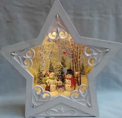 Arys Imports Waterglobes & Lanterns*White Star Scroll Design With Led Warm White Light Up Snowman Family Scene Spinning Glitter Waterglobe